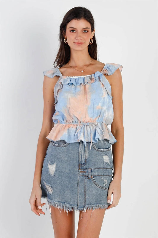 Peach Blue Tie-Dye Ruffle Trim Waist Self-Tie Detail Top /2-2-2 - Tasha Apparel Wholesale