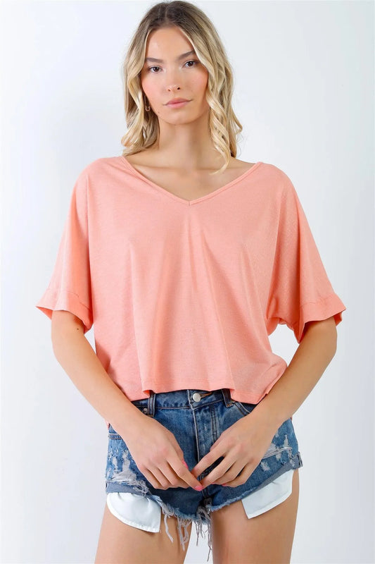 Coral Textured V-Neck Relaxed Short Sleeve Top /2-2-1 - Tasha Apparel Wholesale