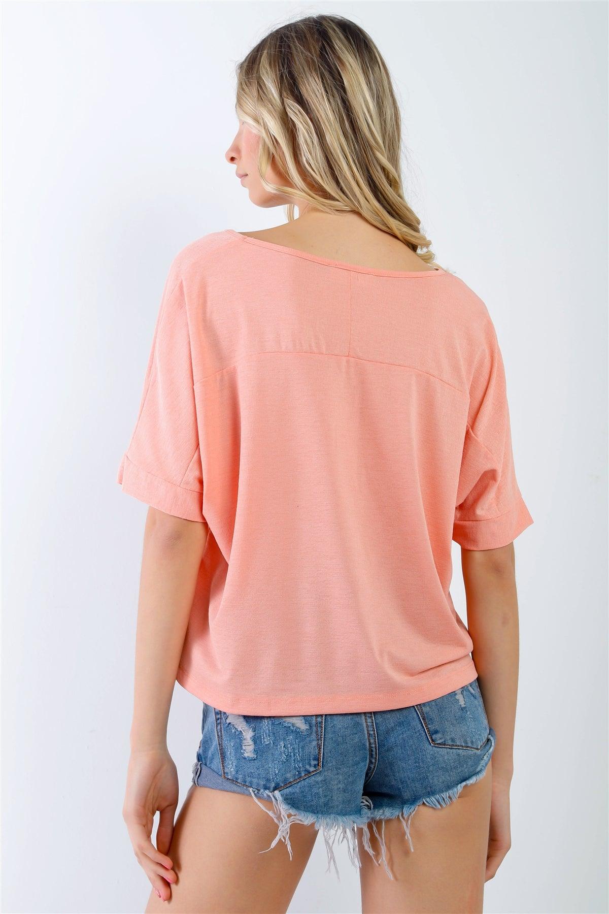 Coral Textured V-Neck Relaxed Short Sleeve Top /2-2-1