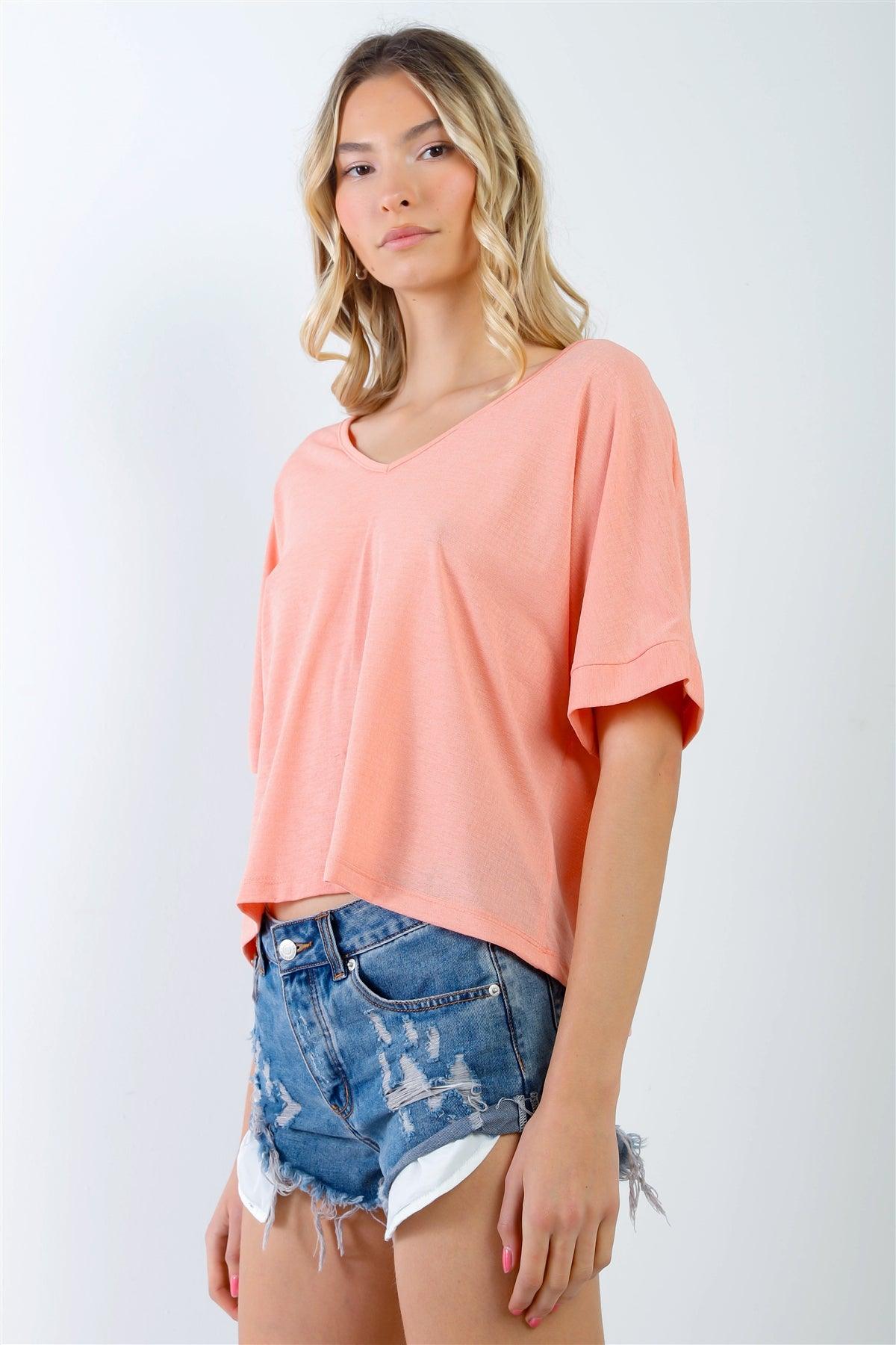Coral Textured V-Neck Relaxed Short Sleeve Top /2-2-1