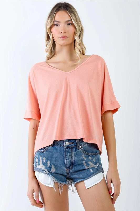 Coral Textured V-Neck Relaxed Short Sleeve Top /3-2-1 - Tasha Apparel Wholesale