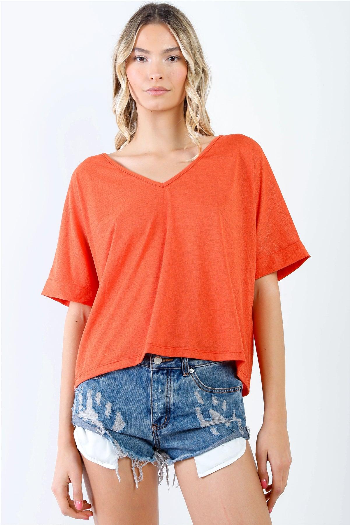 Orange Textured V-Neck Relaxed Short Sleeve Top /2-2-1