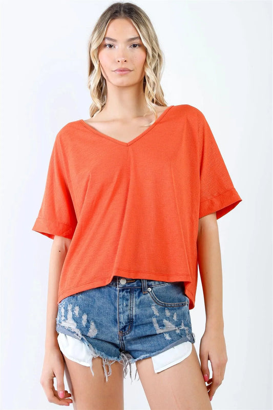 Orange Textured V-Neck Relaxed Short Sleeve Top /2-2-1 - Tasha Apparel Wholesale