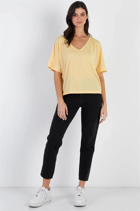 Yellow Textured V-Neck Relaxed Short Sleeve Top /1-2-1 - Tasha Apparel Wholesale