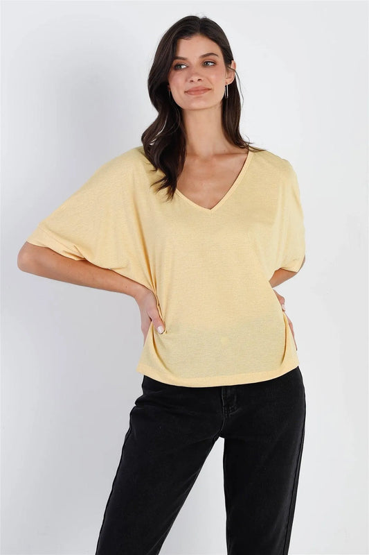 Yellow Textured V-Neck Relaxed Short Sleeve Top /3-2-1 - Tasha Apparel Wholesale