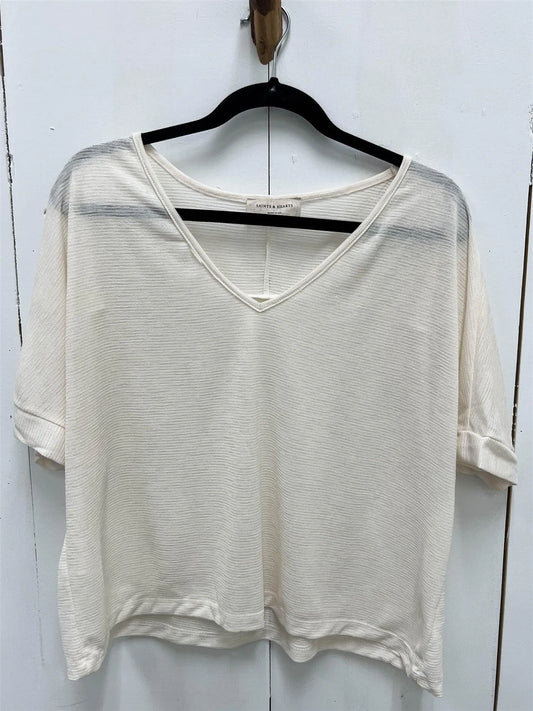 White Textured V-Neck Relaxed Short Sleeve Top /3-2-1 - Tasha Apparel Wholesale