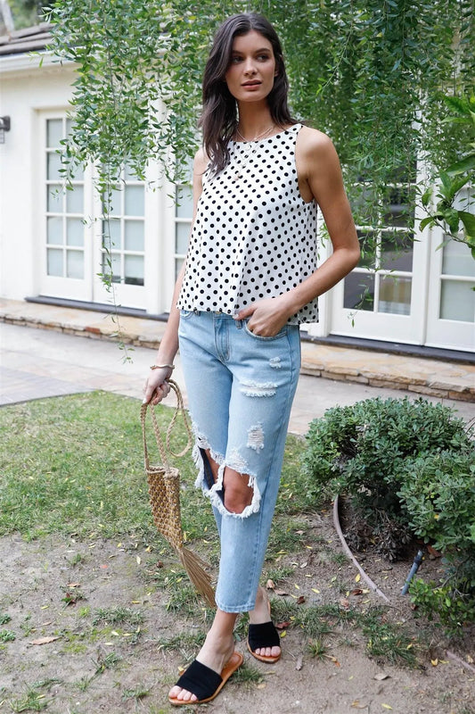 Off-White & Black Polka Dot Mesh Sleeveless Top /1-2-2 - Tasha Apparel Wholesale