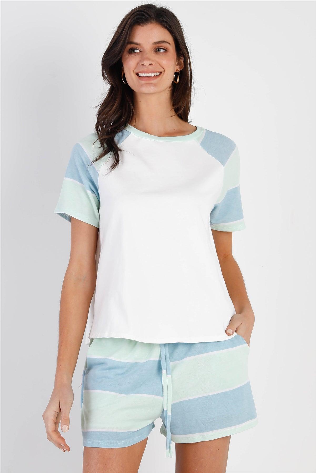 White & Mint Blue Stripe T-Shirt Top & Short Set /2-1-2