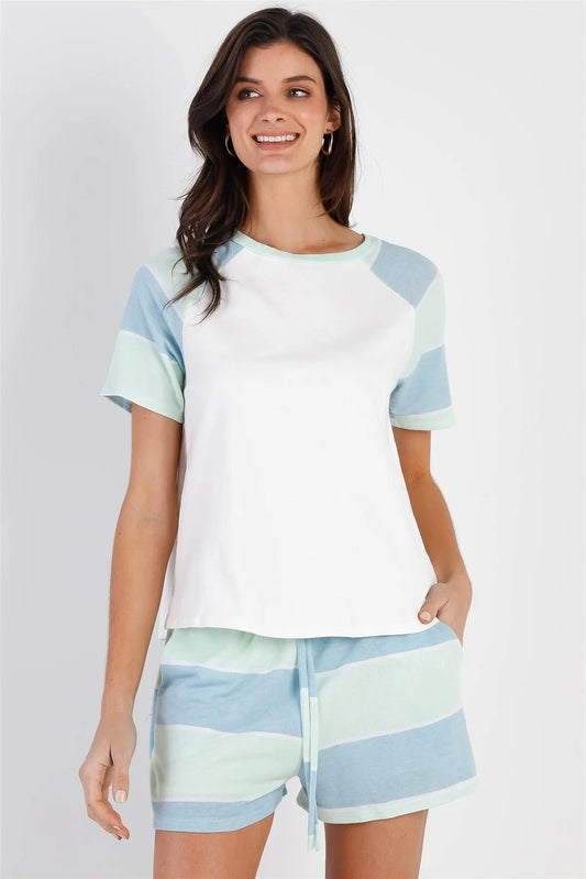 White & Mint Blue Stripe T-Shirt Top & Short Set /1-2-2 - Tasha Apparel Wholesale