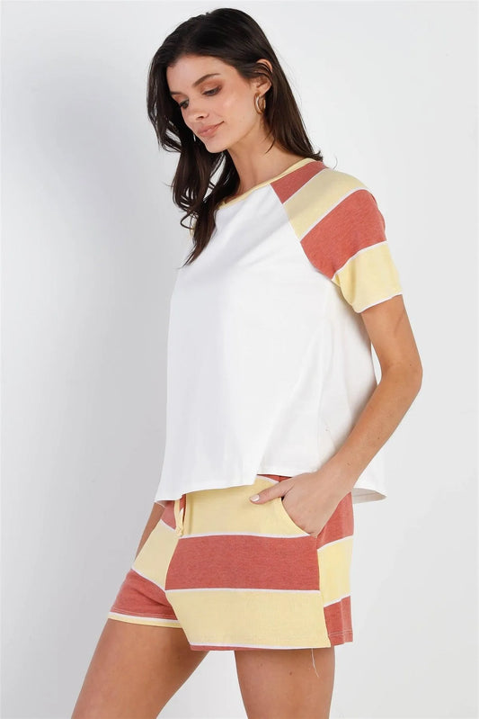 White & Rust & Yellow Stripe T-Shirt Top & Short Set /2-2-2 - Tasha Apparel Wholesale
