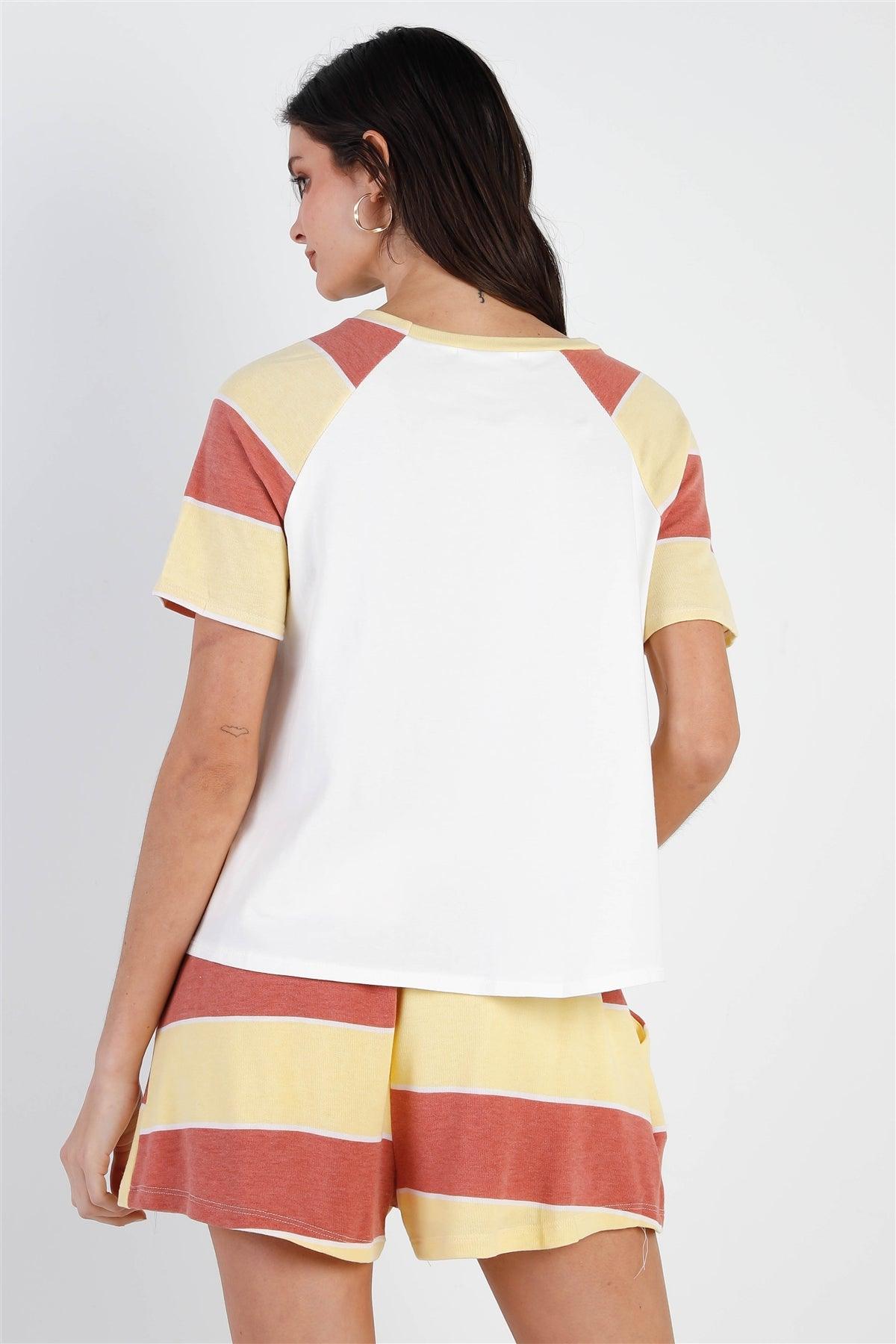 White & Rust & Yellow Stripe T-Shirt Top & Short Set /2-2-2