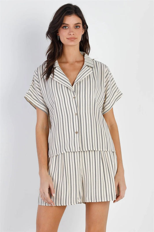 Cream & Navy Stripe Shirt & Short Set /1-2-2 - Tasha Apparel Wholesale