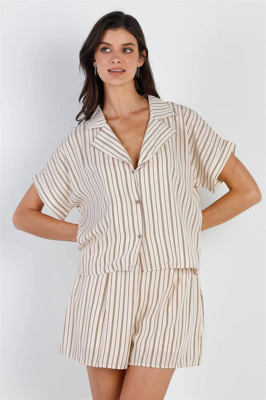 Cream & Taupe Stripe Shirt & Short Set /2-2-2 - Tasha Apparel Wholesale