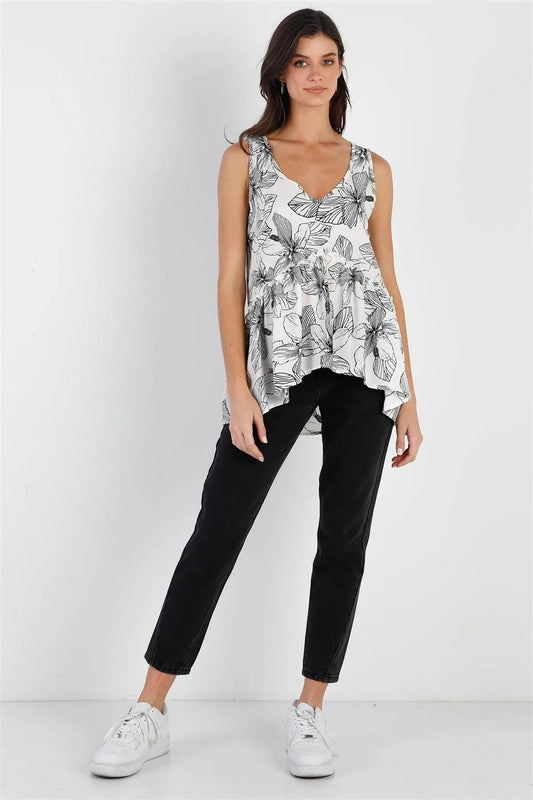 Ivory Black Floral Flare Hem Sleeveless Top /1-2-2 - Tasha Apparel Wholesale