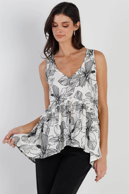 Ivory Black Floral Flare Hem Sleeveless Top /2-2-2 - Tasha Apparel Wholesale