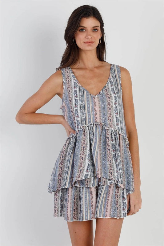 Blue & Pink Paisley Print Flare Hem Sleeveless Top /1-3-1 - Tasha Apparel Wholesale