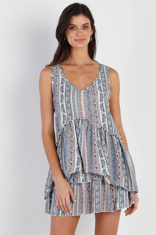 Blue & Pink Paisley Print Flare Hem Sleeveless Top /2-2-2 - Tasha Apparel Wholesale
