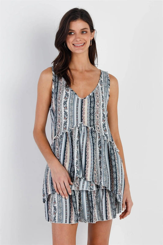 Teal Taupe Paisley Print Flare Hem Sleeveless Top & Smocked Ruffled Mini Skirt Set /2-2 - Tasha Apparel Wholesale