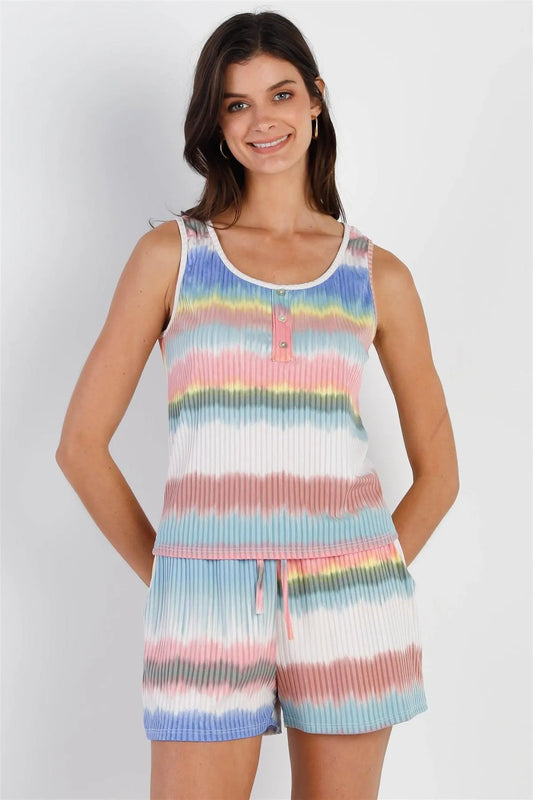 Multi Color Ribbed Stripe Tie-Dye Button Up Detail Top & Short Set /2-2-2 - Tasha Apparel Wholesale
