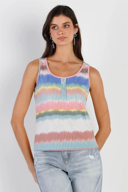 Multi Color Ribbed Stripe Tie-Dye Button Up Detail Sleeveless Top /2-2-2 - Tasha Apparel Wholesale