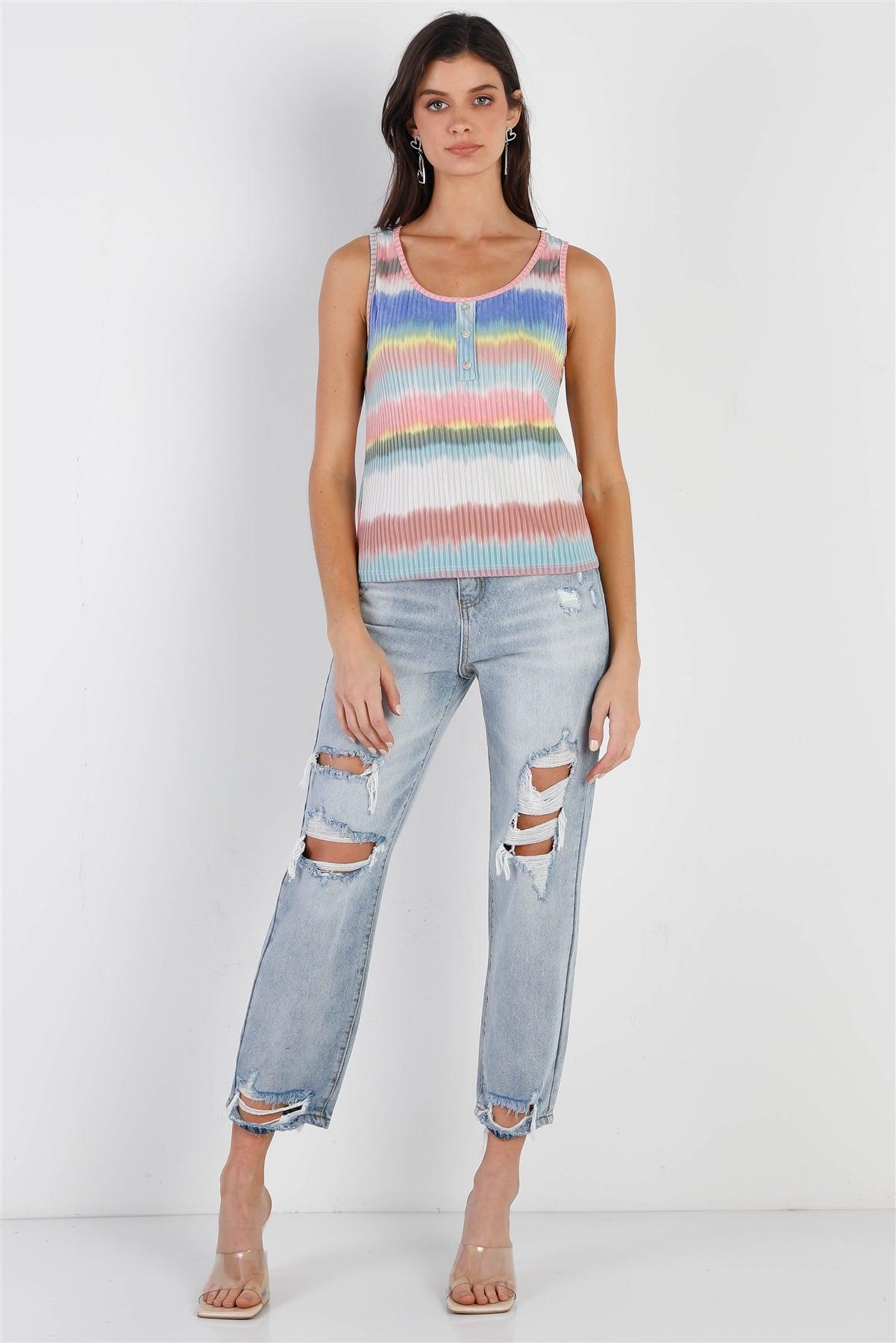 Multi Color Ribbed Stripe Tie-Dye Button Up Detail Sleeveless Top /2-2-2