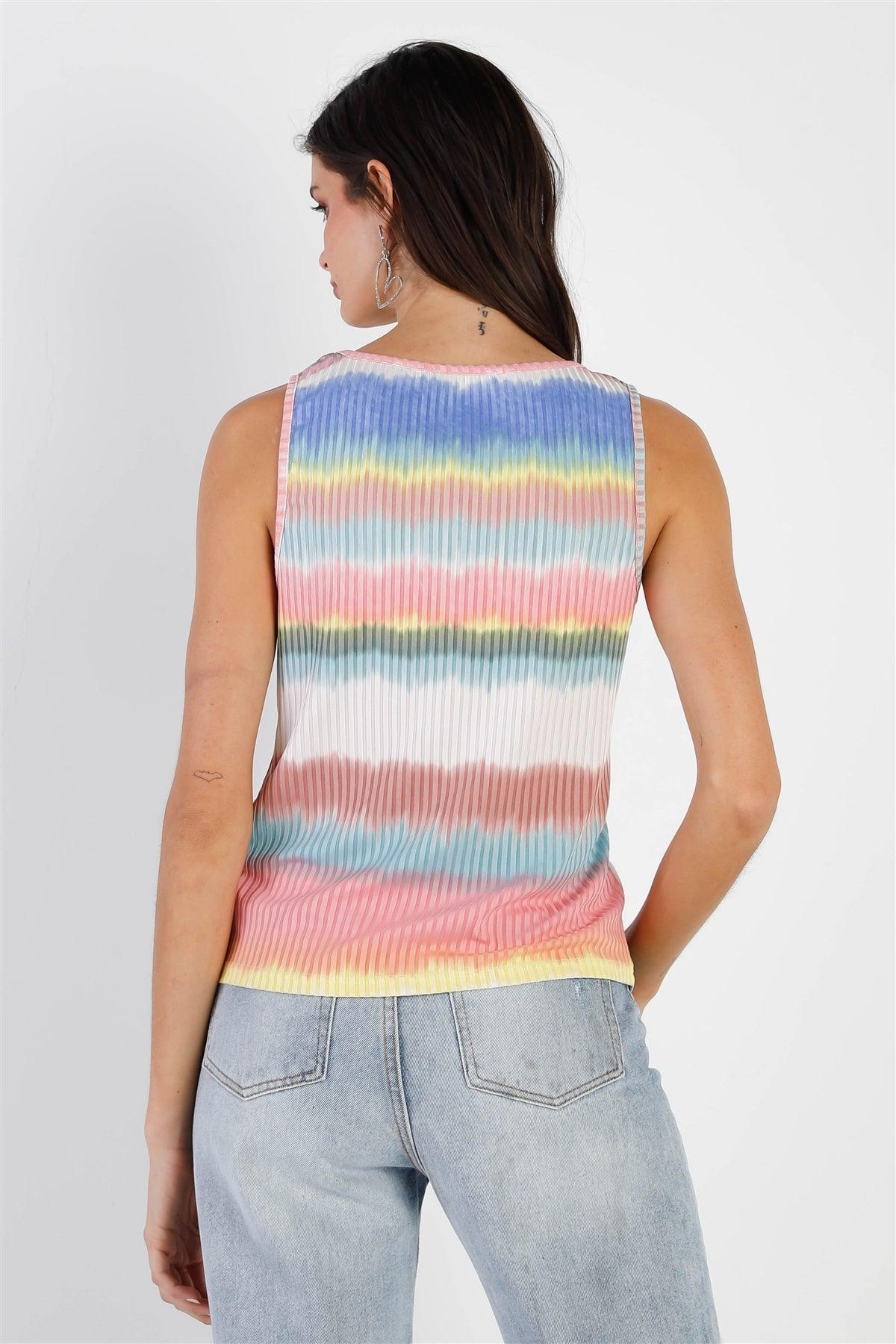 Multi Color Ribbed Stripe Tie-Dye Button Up Detail Sleeveless Top /2-2-2