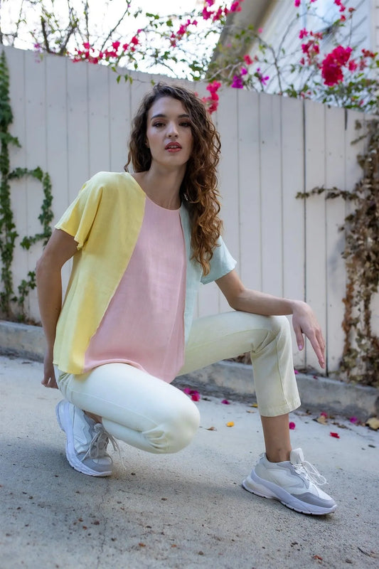 Yellow Pink & Mint Linen Blend Colorblock Short Sleeve Top - Tasha Apparel Wholesale