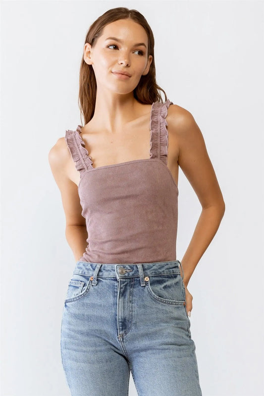 Dusty Purple Ribbed Ruffle Sleeveless Bodysuit /3-2-1 - Tasha Apparel Wholesale