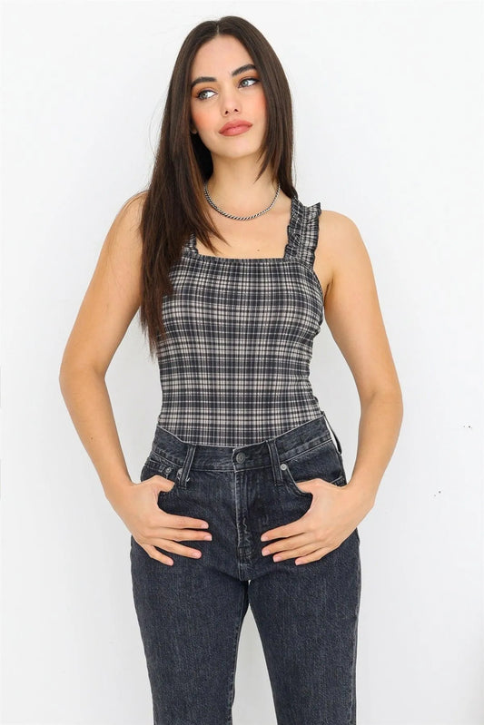 Taupe & Black Plaid Ruffle Detail Sleeveless Fitted Bodysuit /2-2-1 - Tasha Apparel Wholesale