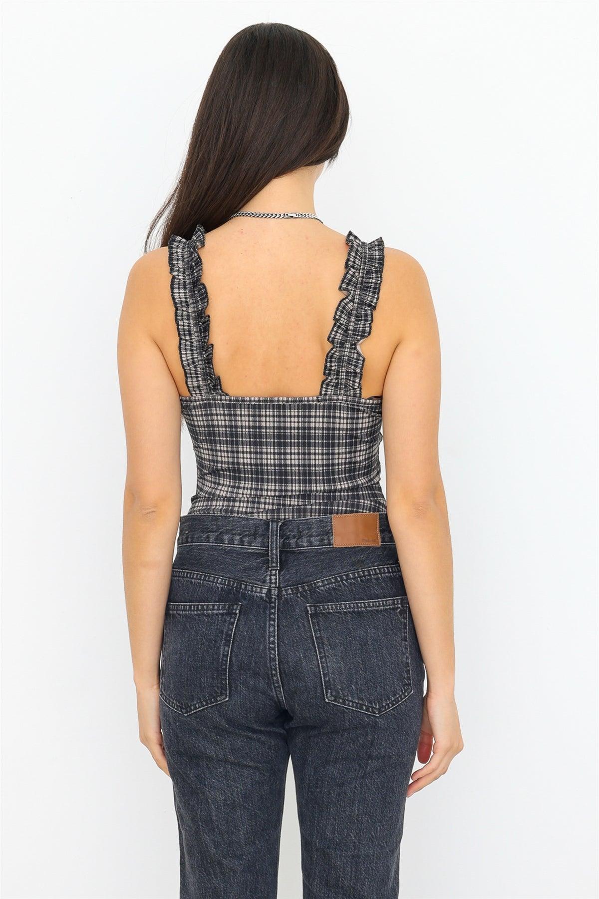 Taupe & Black Plaid Ruffle Detail Sleeveless Fitted Bodysuit /3-2-1