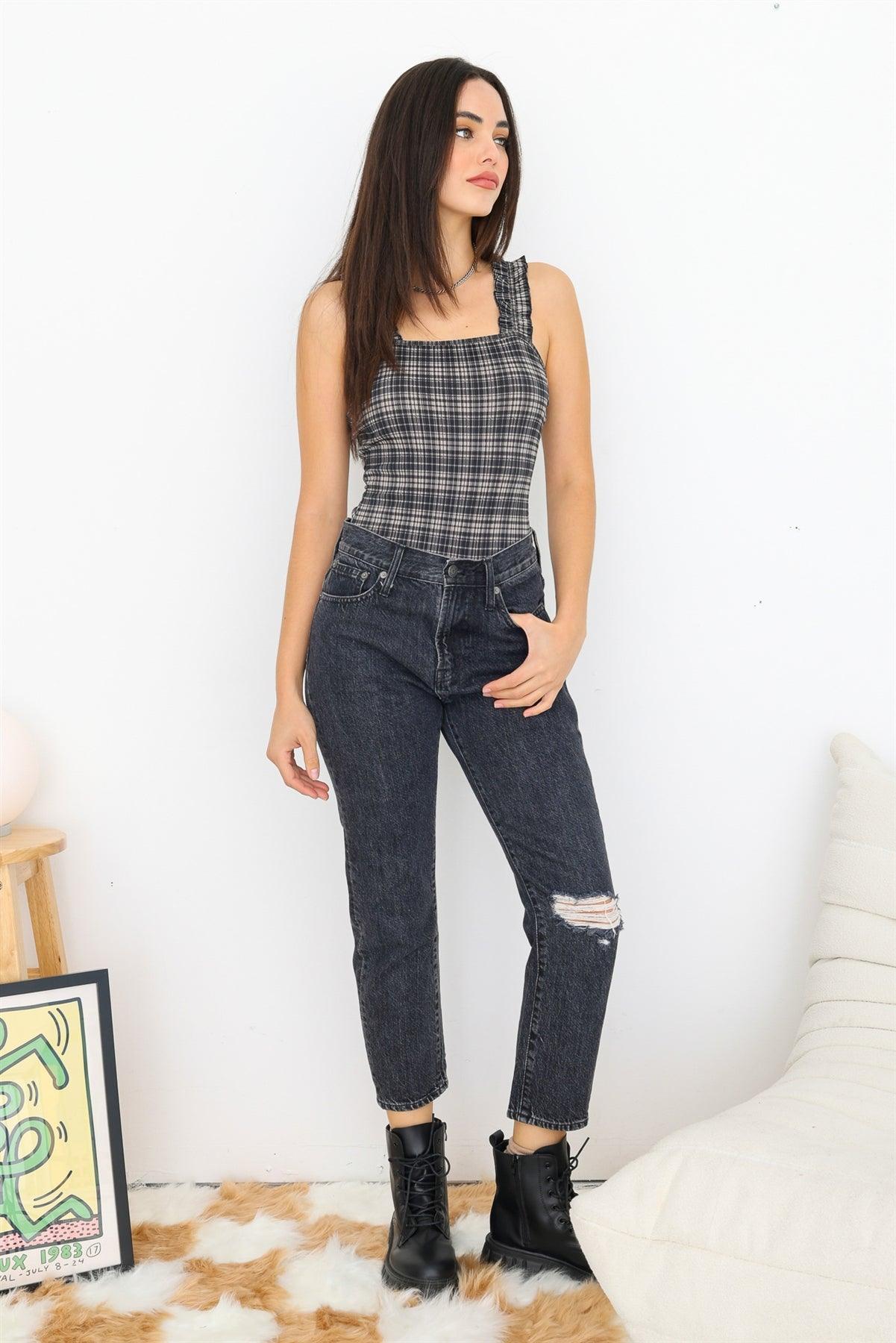 Taupe & Black Plaid Ruffle Detail Sleeveless Fitted Bodysuit /3-2-1