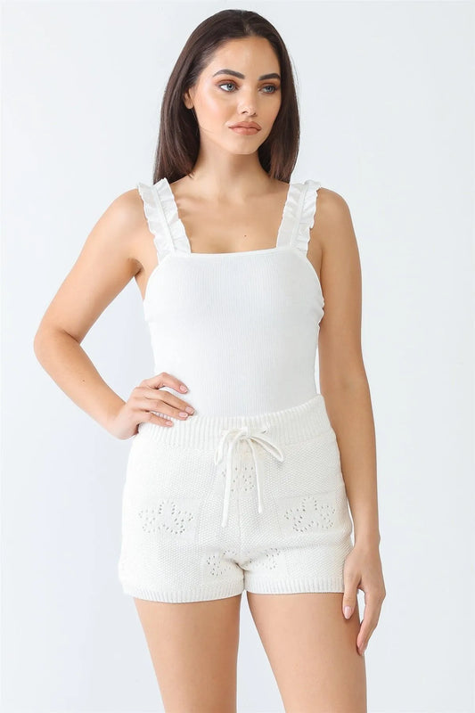 White Ribbed Ruffle Sleeveless Bodysuit /4-1-1 - Tasha Apparel Wholesale