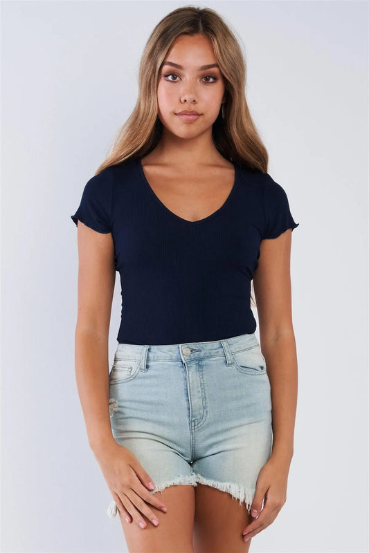 Navy Ribbed Short Sleeve V-Neck Ruffled Sleeve Top - Tasha Apparel Wholesale