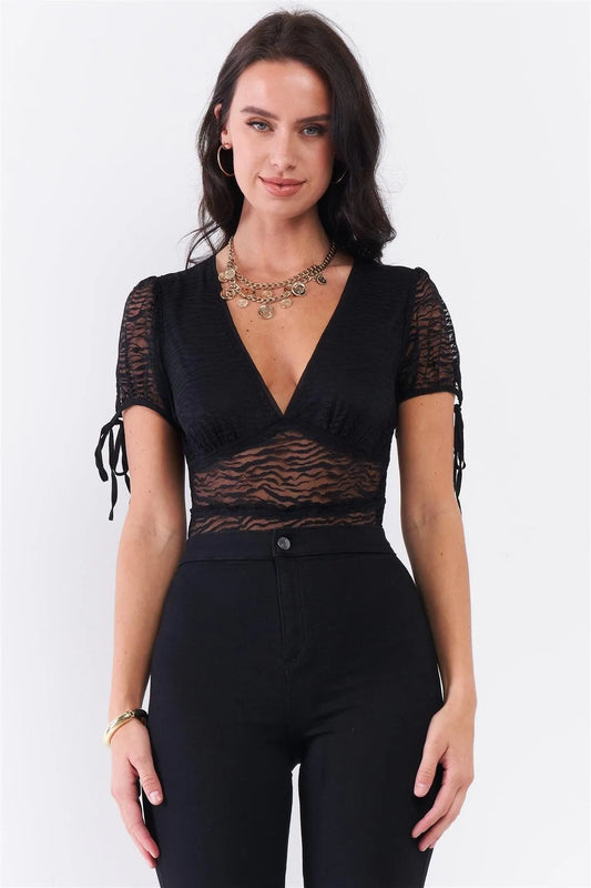 Black Sheer Mesh Deep Plunge V-Neck Short Sleeve Bodysuit /3-2-1 - Tasha Apparel Wholesale