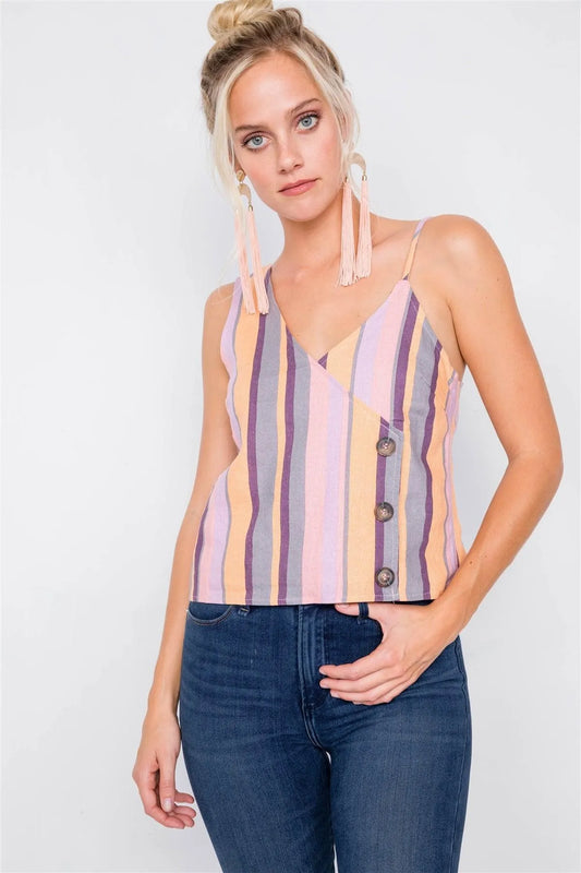 Blush Yellow Multi Boho Stripe Asymmetrical Strap Top /3-2-1 - Tasha Apparel Wholesale