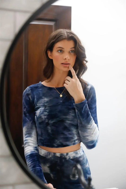 Black & White Multicolor Tie-Dye Velvet Cropped Long Sleeve Top & Bike Shorts Set /2-2-1 - Tasha Apparel Wholesale