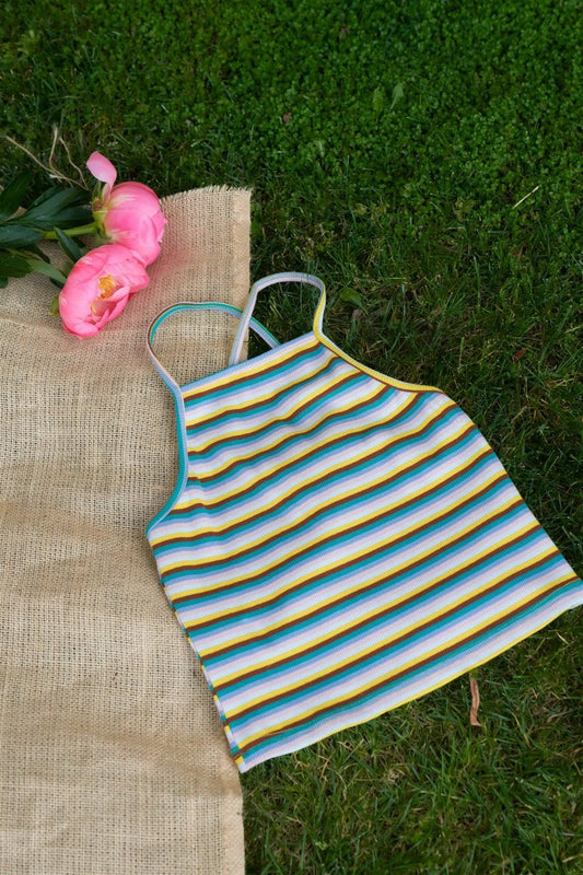 Multi Retro Chic Stripe Criss Cross Open Back Crop Top /3-2-1 - Tasha Apparel Wholesale