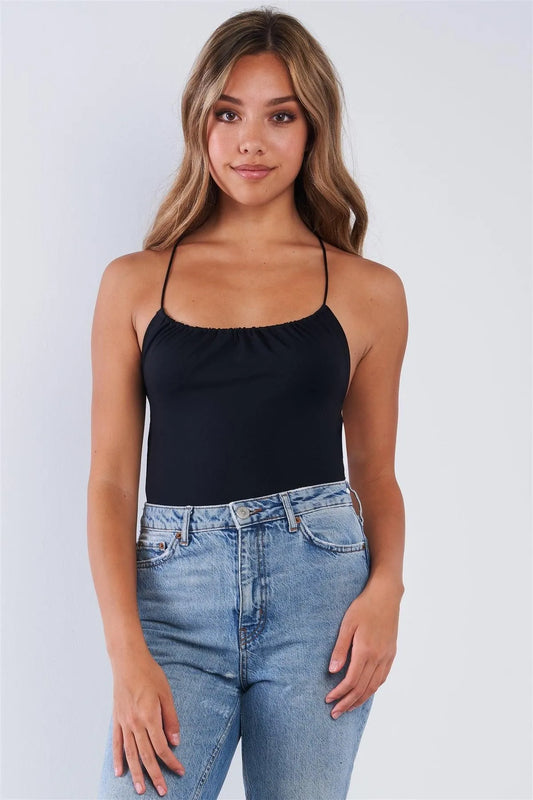 Black Open Back Criss Cross Stretchy Spandex Bodysuit - Tasha Apparel Wholesale