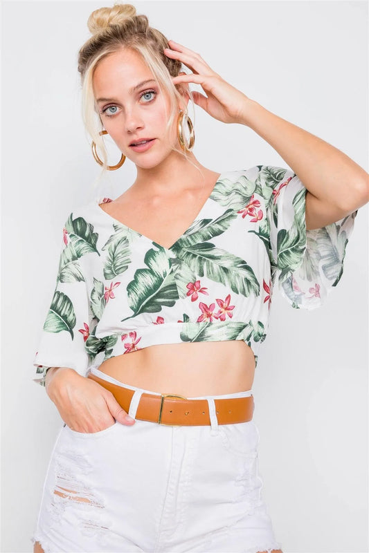 Ivory Green Tropical Back Keyhole Wrap Crop Top /3-2-1 - Tasha Apparel Wholesale