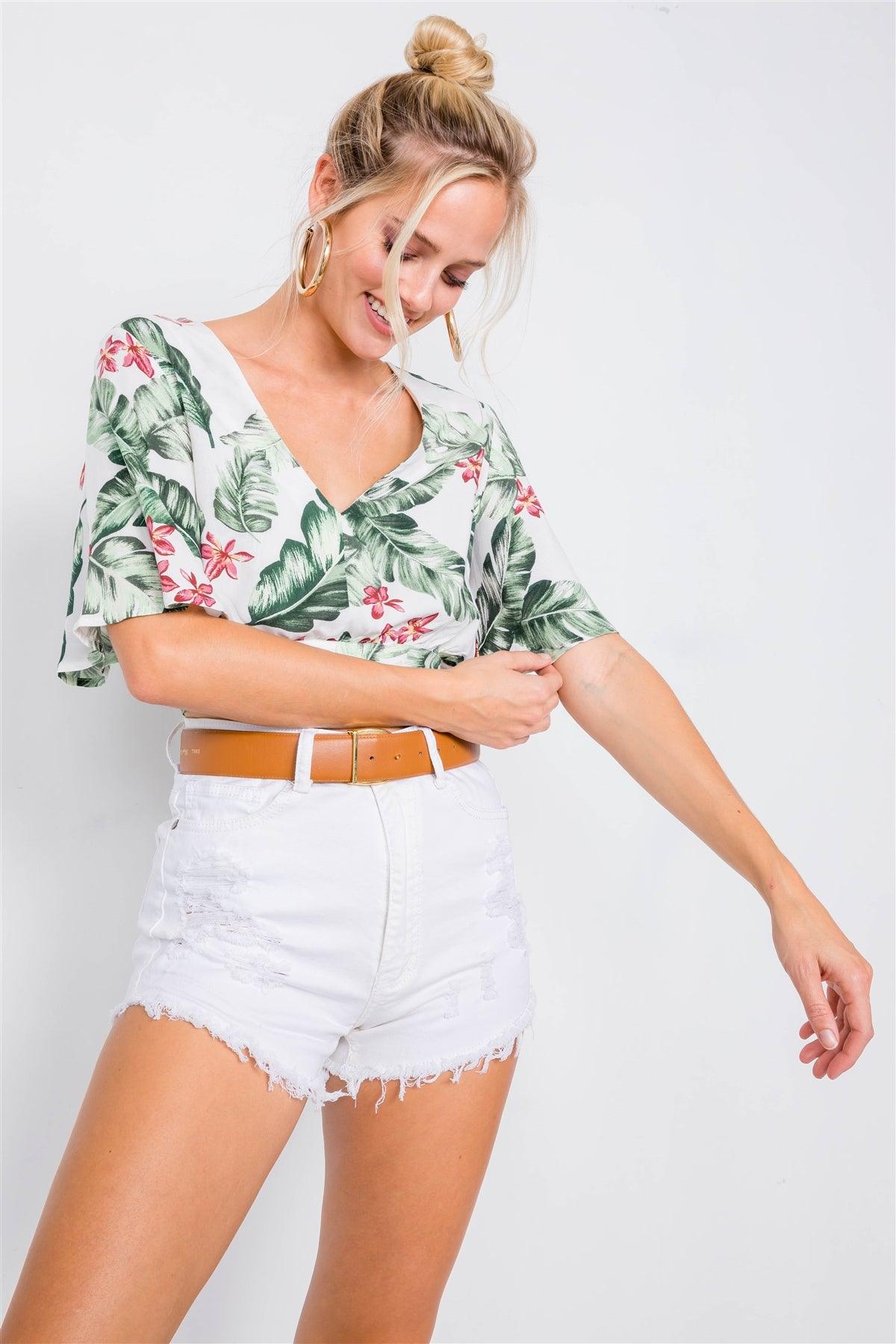 Ivory Green Tropical Back Keyhole Wrap Crop Top /3-2-1