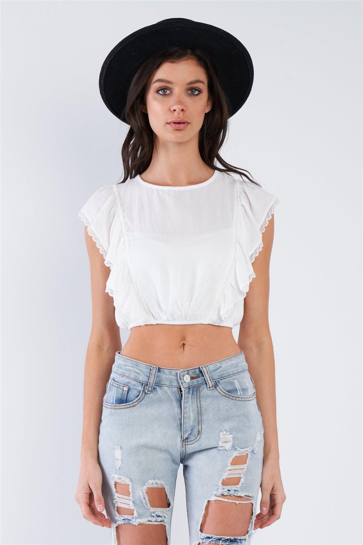 Off-White Semi-Sheer Lace Frill Trim Cinched Elastic Waist Crop Top /3-2-1
