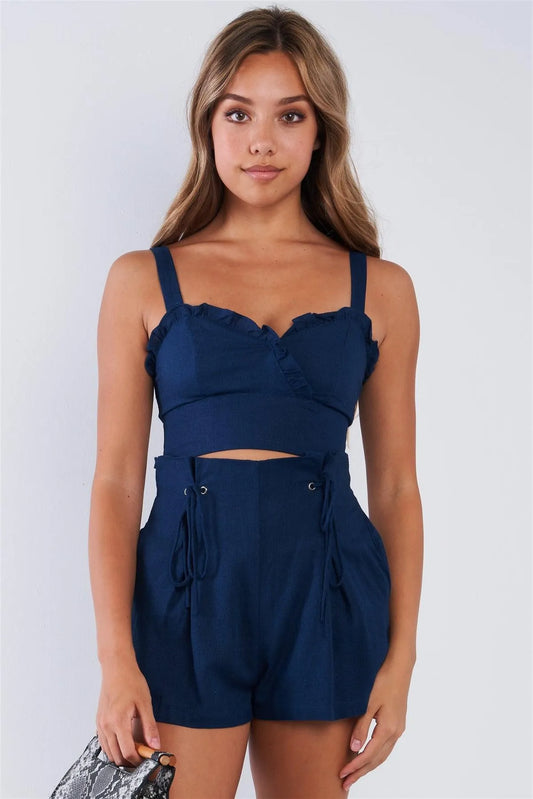 Indigo Linen Sweetheart Ruffled Neckline Crop Top - Tasha Apparel Wholesale