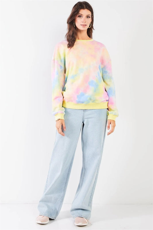 Pastel Multi Tie-Dye Print Crew Neck Oversized Long Sleeve Sweatshirt /2-2-1 - Tasha Apparel Wholesale