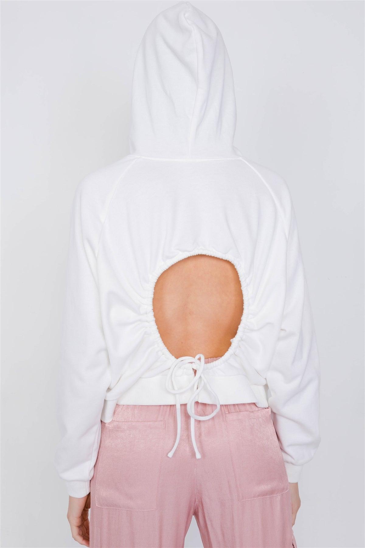 White Cotton Open Back Relaxed Fit Adjustable Hooded Sweater