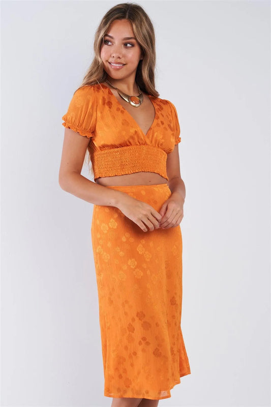 Burnt Orange Plunge V-neck Puff Sleeve Elastic Waist Crop Top Midi Skirt Two Piece Set /3-2-1 - Tasha Apparel Wholesale