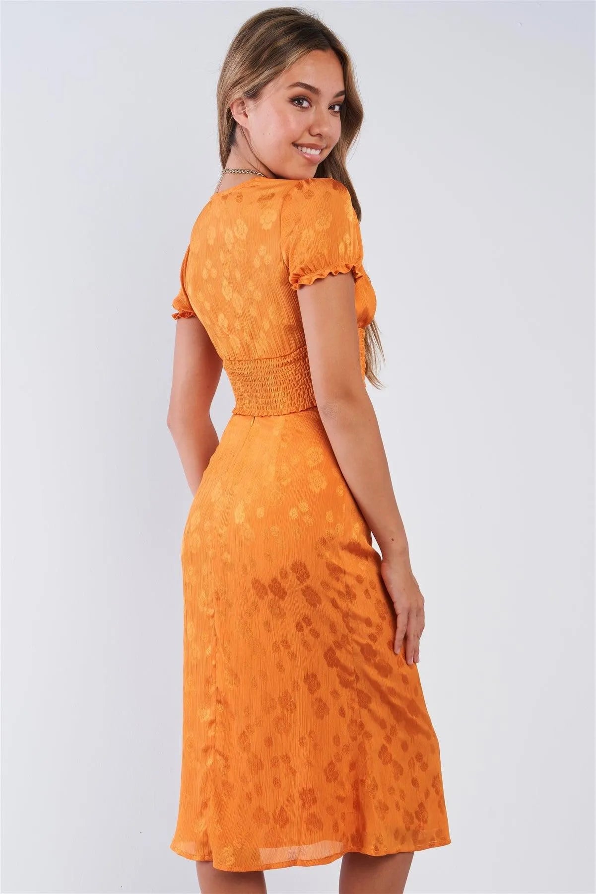 Burnt Orange Plunge V-neck Puff Sleeve Elastic Waist Crop Top - Tasha Apparel Wholesale