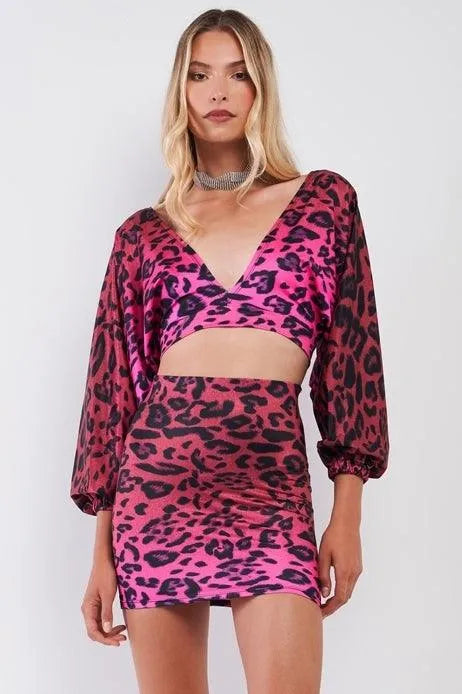 Pink Satin Animal Print V-Neck Open Back Dolman Sleeve Mini Skirt Set /3-1-1 - Tasha Apparel Wholesale