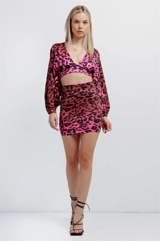 Pink Satin Animal Print V-Neck Open Back Dolman Sleeve Mini Skirt Set /3-2-1 - Tasha Apparel Wholesale