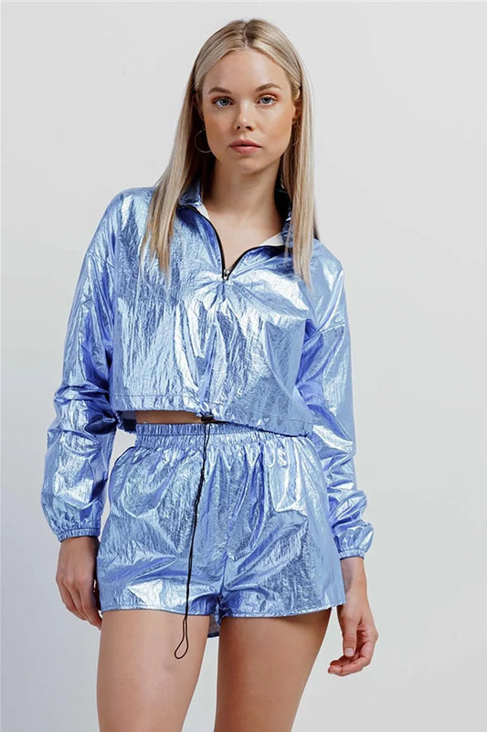 Blue Metallic Lightweight Drawstring Crop Top & Shorts Set /2-2 - Tasha Apparel Wholesale