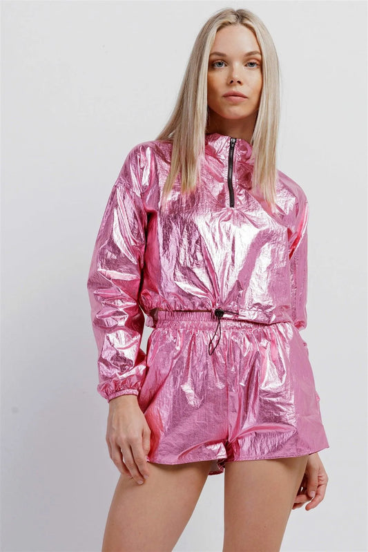 Pink Metallic Lightweight Drawstring Crop Top And Shorts Set /3-2-1 - Tasha Apparel Wholesale